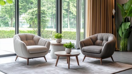 Two Comfy Armchairs Sit In A Sunlit Room Overlooking A Lush Green Landscape. The Scene Is Calm And Inviting, Perfect For Relaxation.