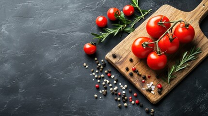 Ripe Tomatoes Rosemary and Spices on Wooden Board