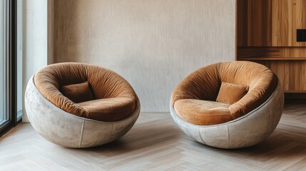 Two Comfy, Round Armchairs With Brown Cushions And Light Gray Outer Shells Sit In A Modern, Minimalist Room With Wooden Accents.  The Vibe Is Calm And Relaxing.