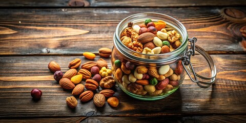 Fototapeta premium Aerial View of Mixed Nuts in a Glass Jar on Wooden Table - Healthy Snack, Natural Ingredients, Rustic Decor, Gourmet Food, Nut Variety, Organic, Snack Time, Culinary Delight