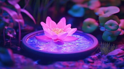 Pink Lotus Flower Blooming in Neon Lit Water