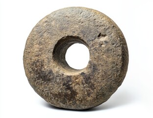 Ancient stone wheel with central hole, isolated on white background.
