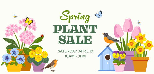 Vector template of spring plant events, sales, markets, festivals or parties with garden flowers in pots, Robin bird, bees, and butterflies. 