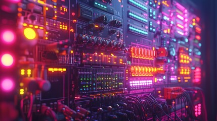 Obraz premium Futuristic illuminated control panel with colorful lights and knobs.