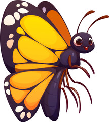 Cartoon funny butterfly insect character features cheerful expression and vibrant patterned wings. Isolated cute vector flying bug personage with happy smiling face, big eyes and bright yellow wings