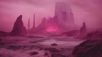 Pink Desert Ruins Ancient City Foggy Landscape