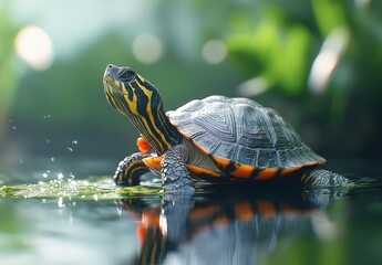 A Close-up View of a Colorful Turtle Swimming in a Tranquil Pond Surrounded by Lush Greenery and Reflections of Nature's Beauty