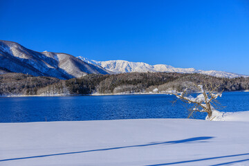 快晴で綺麗な白馬連峰を望む長野県の青木湖の風景
