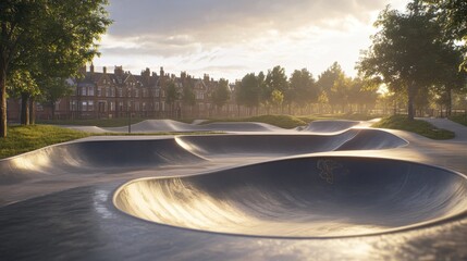 Urban Skatepark at Sunset Near Residential Buildings
