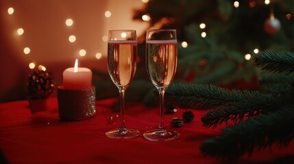 Background of two champagne glasses on a red tablecloth, AI generated image