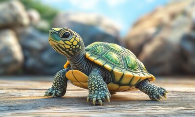 Obraz premium A Colorful Turtle Crawling on a Wooden Surface Surrounded by Natural Elements Blissfully Enjoying the Outdoors in a Bright and Cheerful Setting