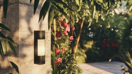Illuminated Outdoor Wall Lamp Amidst Lush Greenery