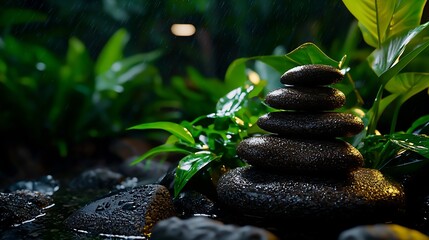 Serene Rainforest: Stacked Stones in Tropical Downpour