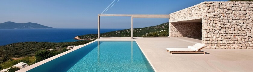 Fototapeta premium Luxurious poolside retreat overlooking serene mediterranean coast modern architecture tranquil environment aerial view