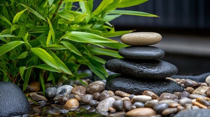 Obraz premium Zen Garden Serenity: Stacked Stones and Lush Bamboo