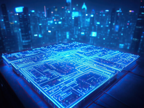 F&uuml;t&uuml;ristik teknoloji manzarası  fiber optik sinir ağı, parlayan mavi devre kartı dijital ağ