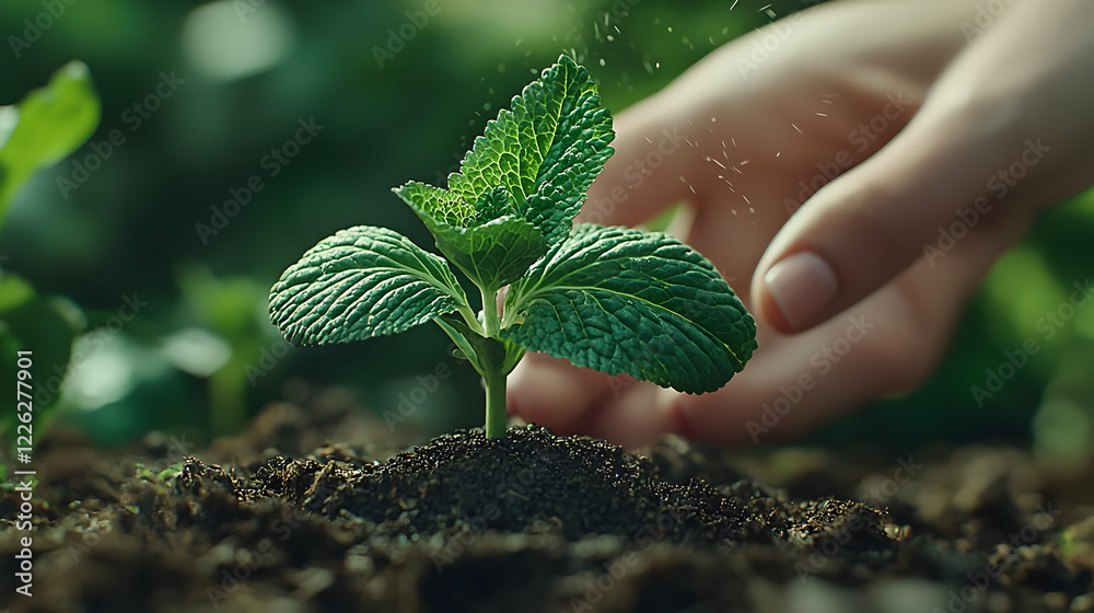 Poster Hand watering mint seedling in garden