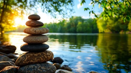 Serene Sunset: Balanced Rocks by the River
