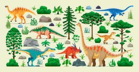 Cartoon prehistoric dinosaur characters, forest trees, plants and rocks. Jurassic dino animals and reptile vector personages, funny brachiosaurus, velociraptor, styracosaurus and polacanthus dinosaurs