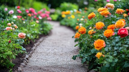 Gravel path winding through vibrant rose garden.