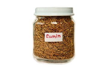 Cumin in a glass jar isolated on a transparent background.