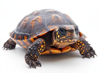Close-up Image of a Colorful Turtle with Distinct Shell Patterns on a White Background, Perfect for Nature and Wildlife Concepts