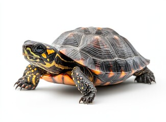 Close-up of a Colorful Tortoise Posing on a White Background with Unique Shell Patterns and Details Perfect for Wildlife and Nature Enthusiasts