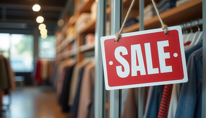 Red Sale Sign Hanging in a Clothing Store