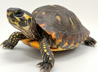 Close-Up of a Colorful Turtle on a Light Background Showcasing Its Unique Shell Patterns and Vibrant Colors in an Indoor Setting