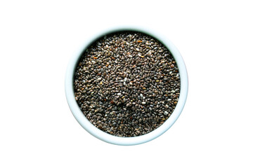 Chia seeds in a bowl isolated on a transparent background. Top view.