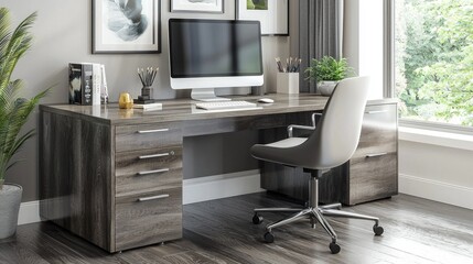 Fototapeta premium Modern Home Office Workspace with Computer and Stylish Decor