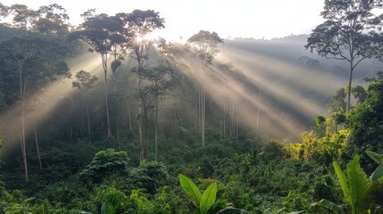 Sunbeams Illuminate Lush Tropical Rainforest Canopy