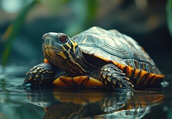Naklejka premium Close-Up of a Colorful Turtle Swimming Gracefully in a Serene Pond Surrounded by Lush Greenery and Reflections of Nature