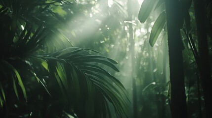 Sunbeams Illuminate Lush Tropical Rainforest Foliage