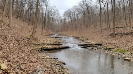 Tranquil Stream Flowing Through Leafless Forest During Winter Season
