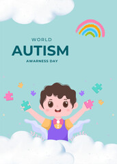 World Autism Awareness Day with kid illustration and puzzle pieces. Banner or background vector illustration design template. Psychological concept of Autistic children.