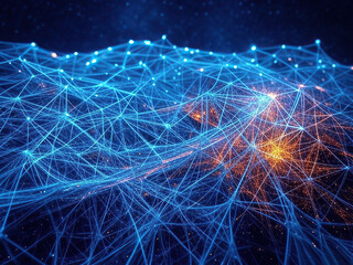 Fütüristik teknoloji manzarası  fiber optik sinir ağı, parlayan mavi devre kartı dijital ağ