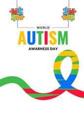 World Autism Awareness Day with multicolor ribbon and puzle pieces. Banner or background vector illustration design template. Psychological concept of Autistic children.