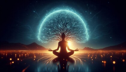 Obraz premium Meditative Essence of Tranquility and Growth - A serene scene depicting a meditative figure with a vibrant tree silhouette emanating an ethereal light, symbolizing connection and harmony.