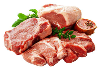 Obraz premium Fresh cuts of pork with herbs and spices isolated on transparent background
