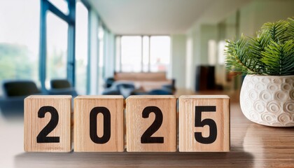 Modern Home Decor with 2025 Blocks on Table - Stylish interior scene featuring wooden blocks showing the year 2025, complemented by a decorative plant and modern furnishings.