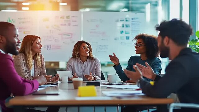 Group of diverse professionals engaged in a collaborative meeting in a modern office setting