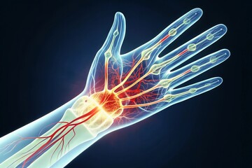 Anatomical Illustration of Human Hand and Circulatory System - This image showcases a detailed anatomical view of a human hand highlighting the circulatory system with veins and arteries.