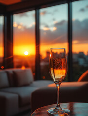 A glass of sparkling wine in the foreground adds elegance to a cozy lifestyle moment, with a stunning sunset visible through a picturesque window in the background and setting sun 