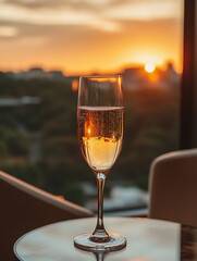 A glass of sparkling wine in the foreground adds elegance to a cozy lifestyle moment, with a stunning sunset visible through a picturesque window in the background and setting sun 