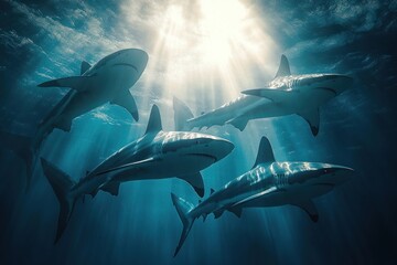 Obraz premium Dynamic underwater scene with majestic sharks swimming in sunlight