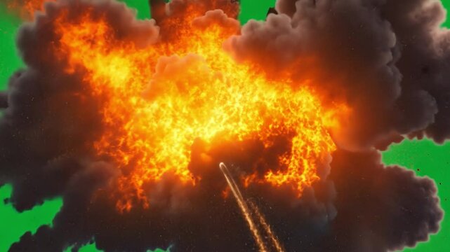 Fiery Explosion with Green Screen: A dramatic and powerful explosion engulfing the screen with towering flames and billowing black smoke. Ideal for compositing and special effects in filmmaking.