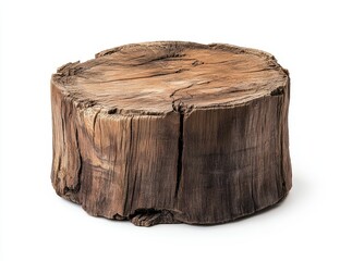 Rustic wooden stump, round, aged, isolated on white background.