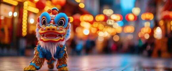 Lion dance, festival, city street, lanterns
