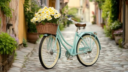 Fototapeta premium Pastel Bicycle with Daisies in a Cobblestone Street